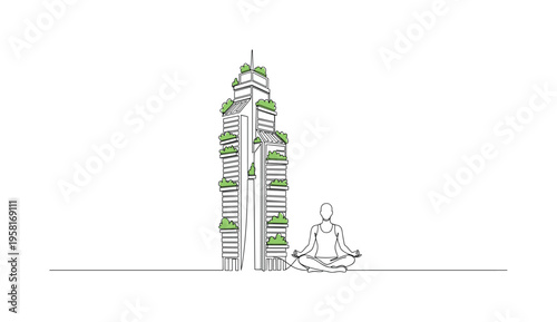 Future Sustainable Skyscraper. Minimalistic one-line drawing conceptual eco-skyscraper with integrated solar panels, green walls, and rooftop