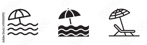 Beach umbrella and sea waves vector icon set. simple summer holiday vacation symbols in black and white