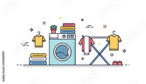 Efficient laundry routine a small washer surrounded by folded clothing and a simple drying rack illustrating organized household care in compact living