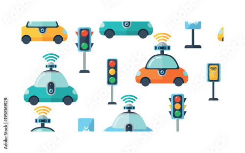 self driving cars futuristic vehicles with lidar sensors cameras and smart road signals stylized as friendly tech icons, flat vector rounded shapes, bright
