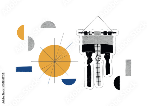 retro DIY textile wall decor with layered fabric strips and knots hanging from a rod, black and white fabric textures with visible stitching, white cut-out