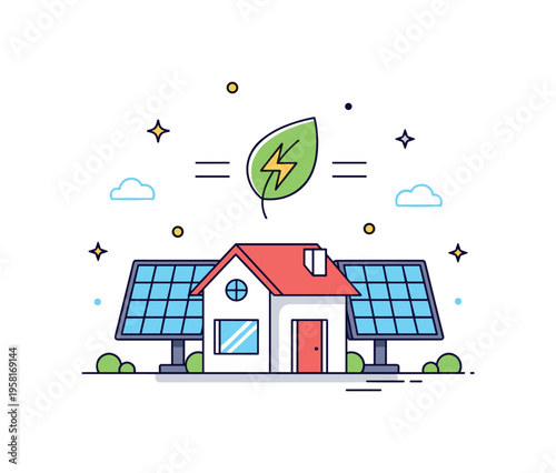 Net zero energy home modern eco house balanced between solar panels and a leaf energy symbol suggesting equal production and consumption of clean energy. The
