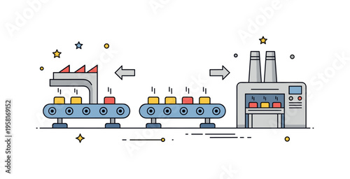 Factory workflow system conveyor belts moving products through machines while arrows indicate production stages. Clear visual metaphor of structured industrial