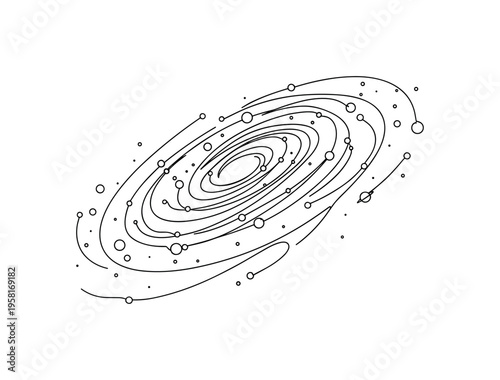 Milky Way View. Minimalistic one-line drawing curved galaxy formation with stars and planets surrounding it, continuous single black line on white background,