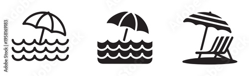 Beach umbrella, sea waves, and lounge chair vector icon set. simple summer holiday vacation symbols