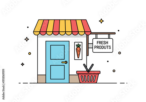 Neighborhood grocery storefront with a simple door, fresh produce icon sign, and a small shopping basket resting near the entrance. Cozy local retail scene