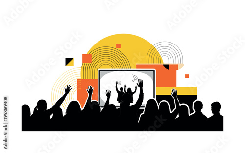 students raising hands in front of digital whiteboard abstract semicircles lines and geometric blocks symbolizing interactive participation black and white