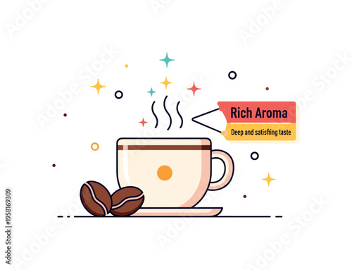 Heavenly coffee flavor warm cup of coffee with aromatic steam forming small star shapes above the mug while coffee beans sit nearby. A small label Rich Aroma