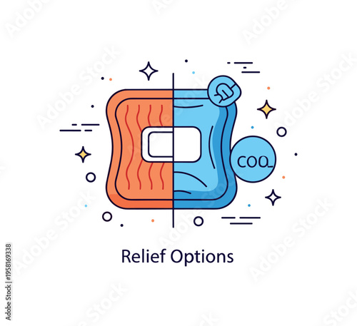 Heat and cold therapy for chronic pain symbolized by a split icon showing a warm compress on one side and a cool pack on the other. A compact ?Relief Options?