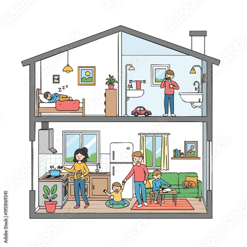 Cross-section of a two-story house showing family activities in different rooms
