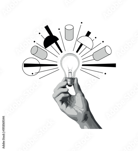 human hand holding microphone near posing celebrity abstract semicircles lines and geometric blocks symbolizing media interaction black and white retro hand