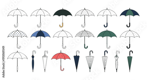 Collection of diverse umbrellas in various styles and colors, closed and open, representing rain protection and fashion accessories