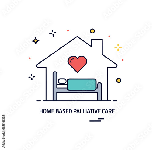 Home based palliative care centered on a simple bed icon within a small house outline, with a heart symbol suggesting comfort in familiar surroundings. The