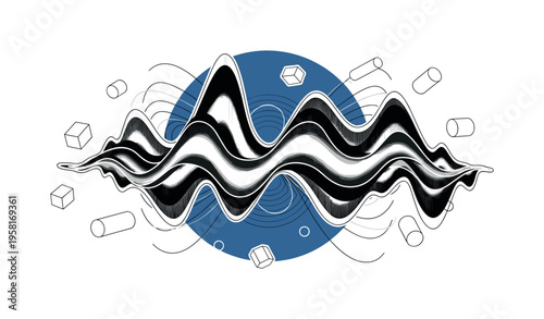 black and white aurora borealis waves forming abstract light ribbons, large blue circle behind the aurora representing night sky atmosphere, thin curved lines