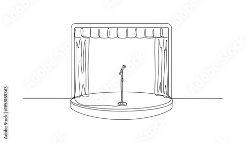 Comedy Club Stage. Minimalistic one-line drawing small comedy club stage with microphone stand ready for a stand-up show, continuous single black line on white