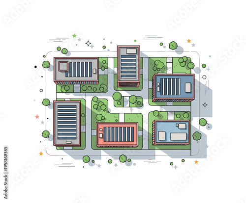 Bird?s eye view office complex group of rectangular buildings arranged around a small plaza with trees and pathways creating a structured overhead