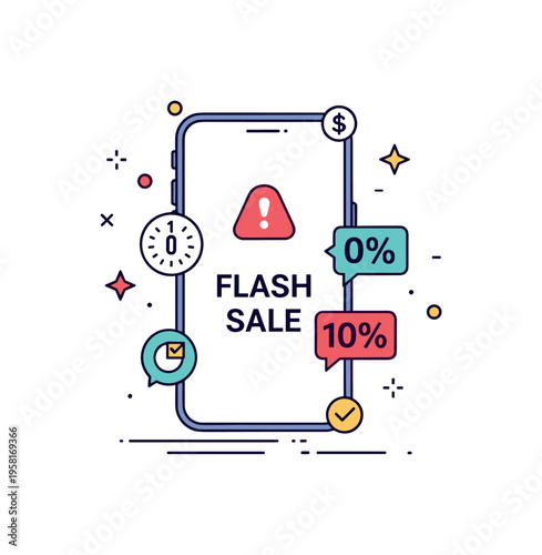 Limited time sale alert mobile phone showing a bright push notification labeled ?Flash Sale? while small countdown and discount icons appear around it. Visual