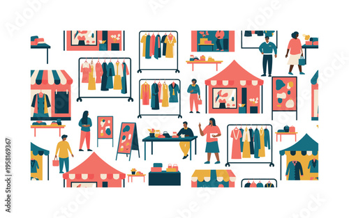 urban pop-up stalls seamless pattern, temporary shops, clothing racks, shoppers, signage, tables and tents arranged in a repeating pattern, white background