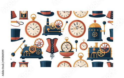 Victorian era adventures seamless pattern, pocket watches, time machines, gears, steam engines, top hats, corsets and clocks arranged in a repeating pattern,