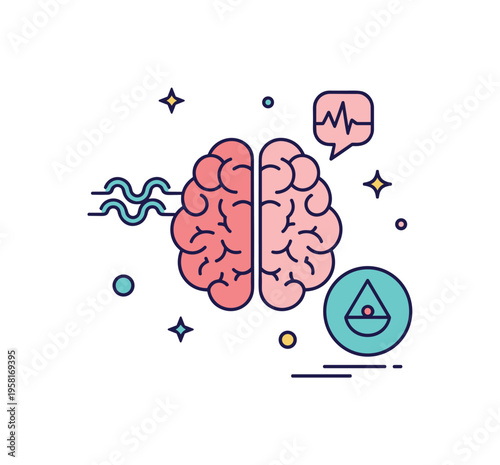 Mindfulness and brain healing brain icon with calm wave lines and a meditation symbol suggesting stress reduction and emotional balance in recovery. The