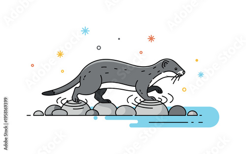 Mink along riverbank slender animal walking across smooth stones near water with small ripple shapes surrounding the paws. The scene illustrates the natural