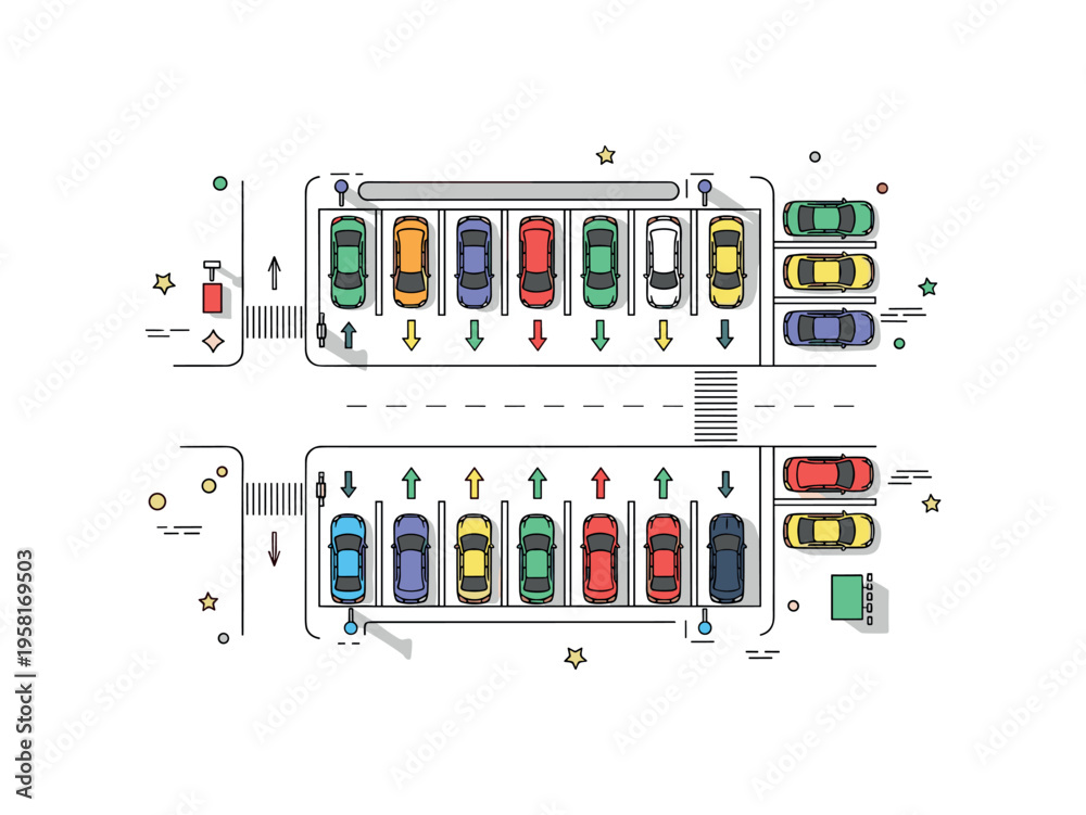 Fototapeta premium Bird?s eye view parking lot neat rows of small cars arranged on marked spaces with arrows and road lines forming a simple organized top down transportation