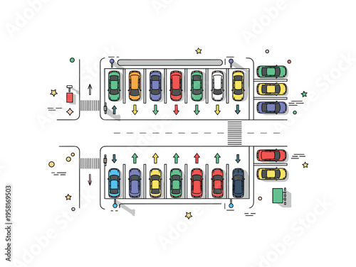 Bird?s eye view parking lot neat rows of small cars arranged on marked spaces with arrows and road lines forming a simple organized top down transportation