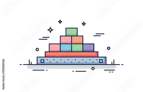 Building foundation structure showing a sturdy base platform with simple construction blocks stacked carefully on top. Small star accents highlight strength,