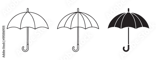 Three minimalistic umbrella icons, two line drawings and one solid black, representing rain protection and simple design