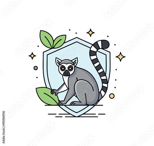 Lemur conservation awareness icon featuring a lemur inside a subtle shield shape with leaf accents, symbolizing protection and endangered species advocacy. The