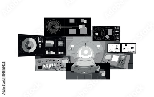 MRI control room with monitors, geometric blocks circles and abstract lines symbolizing data and technology, black and white retro realistic control panels