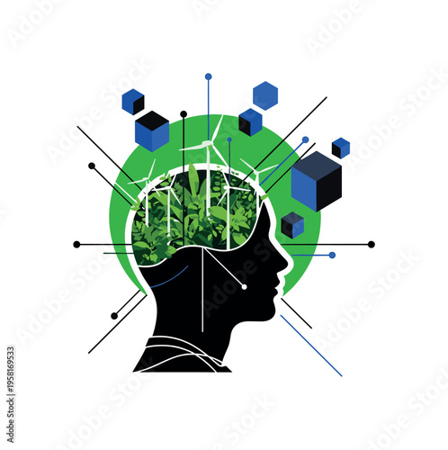 symbolic green economy composition with a human head silhouette containing plants and wind turbines, black and white cut-out head with white outline effect,