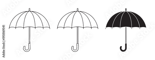 Three minimalist umbrella icons, two outlines and one filled, showcasing simple design for rain protection and accessories