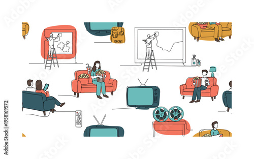 popcorn and TV shows seamless pattern, viewers holding popcorn bowls, drinks, sitting on sofas, remote controls, TV screens and film reels arranged in a