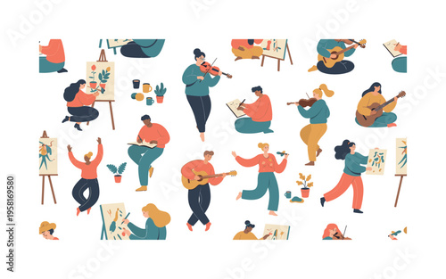 self-discovery motifs seamless pattern, creative people painting, writing, playing instruments, dancing, sketching and making art arranged in a repeating