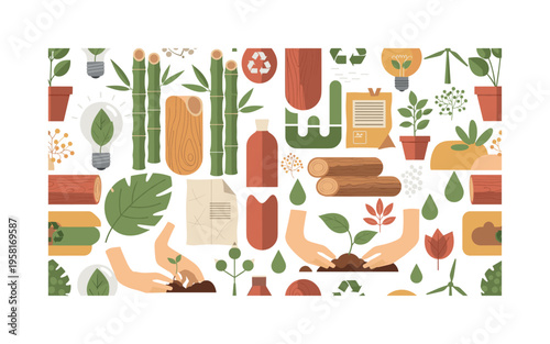 green lifestyle pattern seamless pattern, sustainable materials, bamboo, wood, recycled paper, plants, light bulbs, hands planting seeds and eco icons arranged