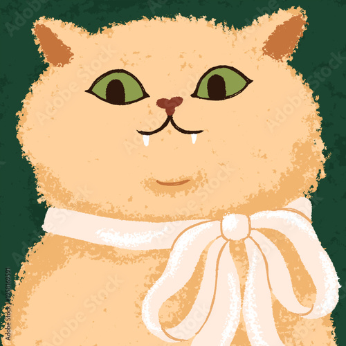 Funny cute cat wearing ribbon bow, neck accessory. Modern fashion style feline animal, pet. Comic kitty stared, watching, looking aside with amusing emotion, head portrait. Flat vector illustration