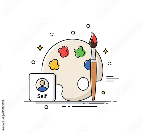 Identity through artistic expression centered on a paint palette and brush beside a small profile icon labeled ?Self?. The illustration suggests art as a
