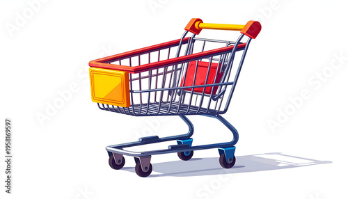 Cartoon shopping cart vector illustration featuring red and yellow on white backdrop