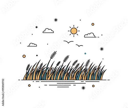 Open prairie landscape featuring tall grass shapes swaying gently beneath a small sun and a few bird silhouettes in the sky. The composition reflects the
