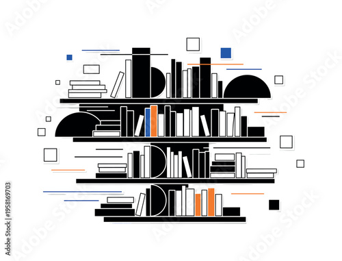 shelves filled with stacked books abstract semicircles lines and geometric blocks symbolizing immersive reading environment black and white retro bookshelf