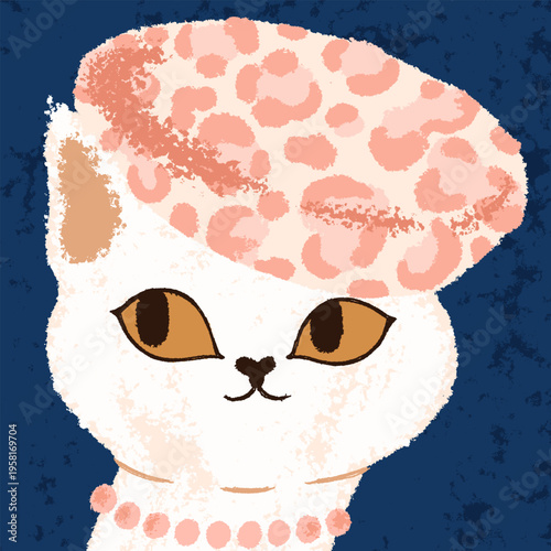 Cute cat wearing modern fashion outfit, headwear, stylish accessories. Feline animal, female pet in trendy style clothing. Kitty in beret hat, beads, head portrait. Flat vector illustration