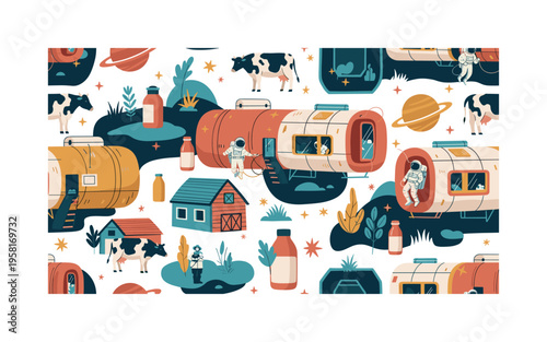 space habitat modules seamless pattern, astronauts floating inside modular space station structures with windows planets and stars arranged in a repeating