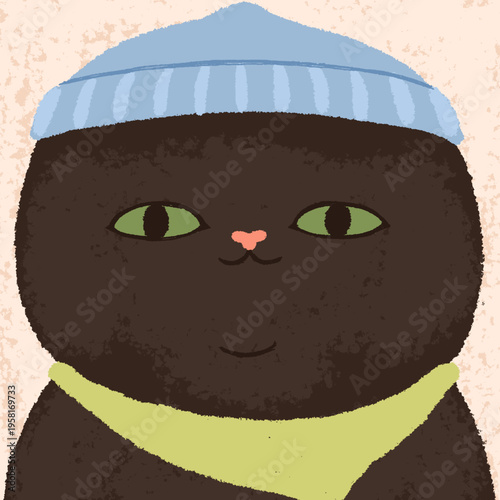 Cute funny cat in beanie hat and collar. Comic kawaii kitty, head portrait, face avatar, wearing headwear. Adorable fat chubby kitten, charming sweet expression. Flat vector illustration