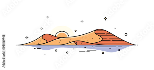 Desert sunset dunes layered sand hills glowing under a low setting sun while long shadows stretch across the landscape. The scene evokes peaceful evening calm