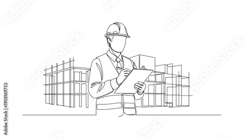 Inspector With Clipboard. Minimalistic one-line drawing construction inspector writing notes while reviewing building progress, continuous single black line on