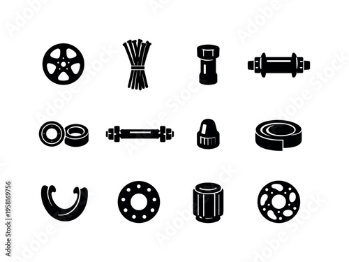 Wheel Components. Solid icon set of Wheel Components: wheel rim, spokes bundle, spoke nipple, hub shell, bearings, axle rod, valve cap, rim tape, tire bead,