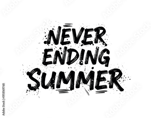 Never Ending Summer. lettering and all elements in black. Vector style. AWhite background. Pure white background. Perfect isolation and visual consistency.
