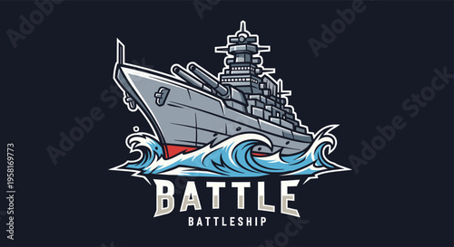 Stylized illustration of a powerful battleship sailing through blue waves with 'BATTLE' and 'BATTLESHIP' text below, on a dark background.