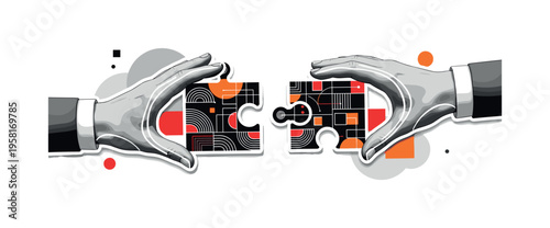 two hands connecting puzzle pieces abstract semicircles lines and geometric blocks symbolizing teamwork and collaboration black and white retro hands and